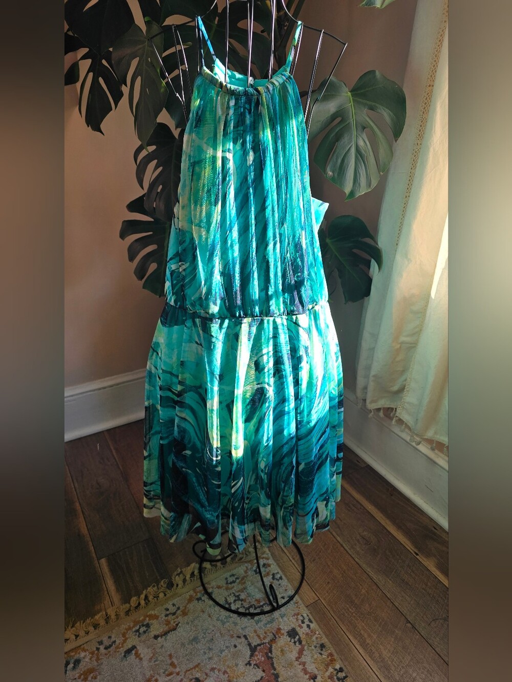 New York & Company Turquoise Teal Abstract Halter Dress Size XL